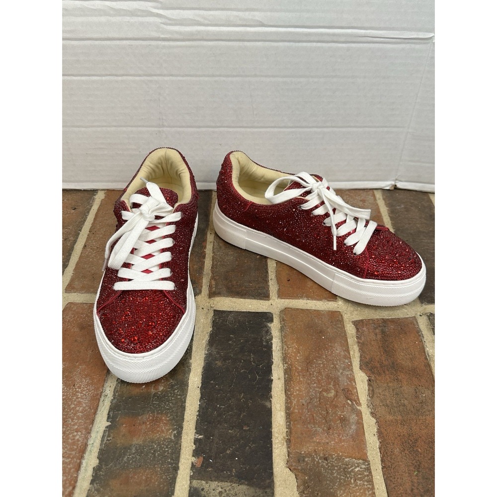 Betsey Johnson Platform Sneakers Red Rhinestone White Details Bling Women's 6 - Picture 2 of 8